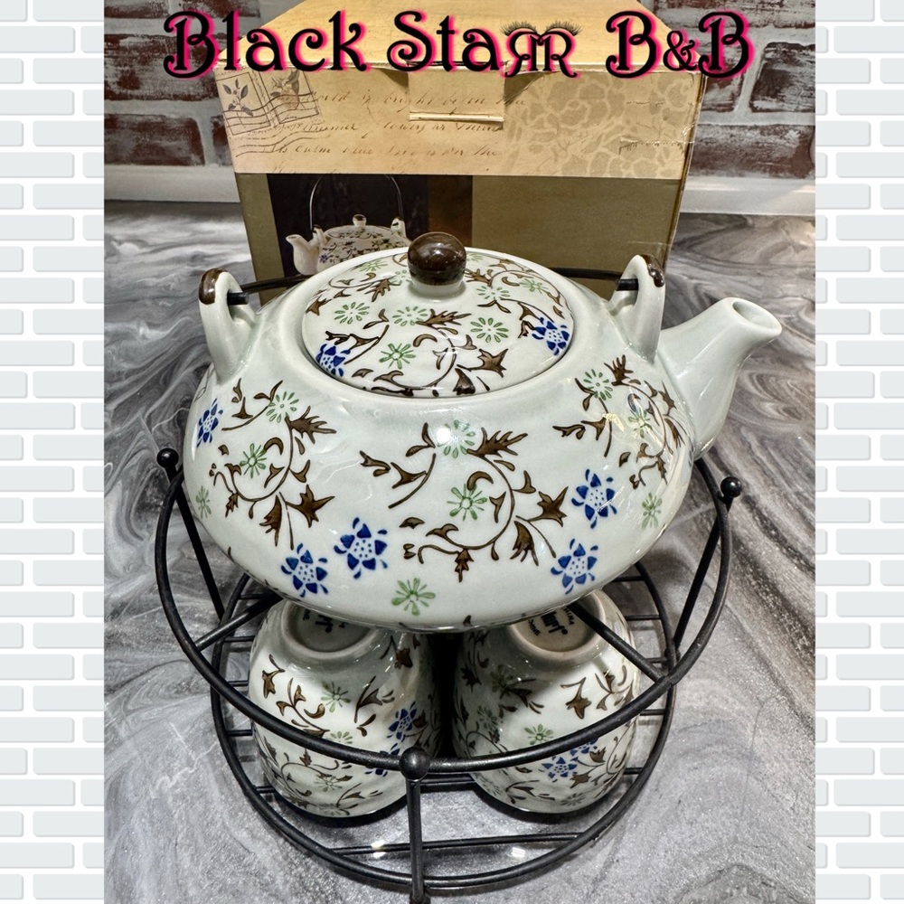 Pier 1 Imports Japanese Tomoko 4 person blue green floral Tea Set w/metal stand